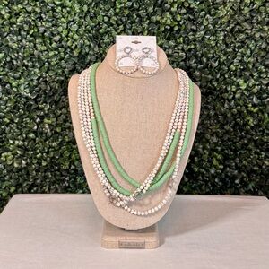 Cabi Spring Green and White Beaded Necklace with Matching Earrings